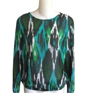 NWT MICHAEL Michael Kors Top Blouse XS Green White Long Sleeves Chiffon